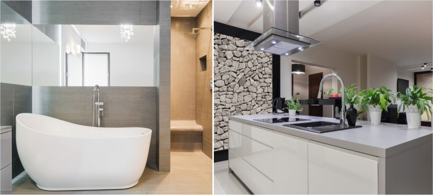 modern bathroom and kitchen in gray tones